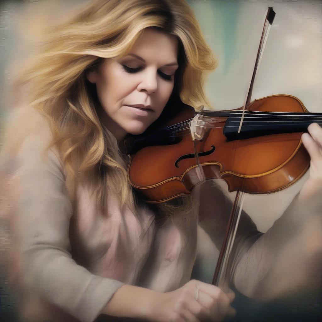 Alison Krauss playing the fiddle with passion and intensity.