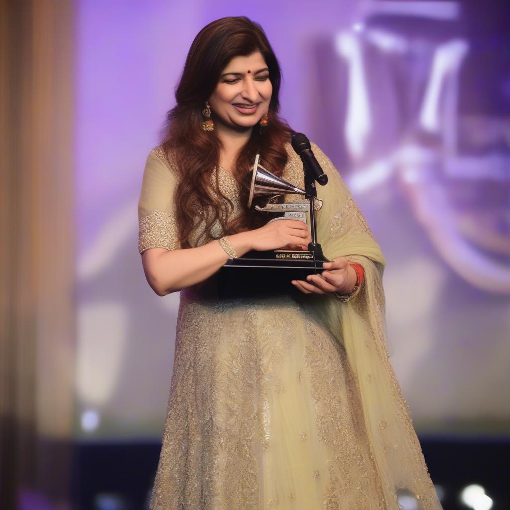 Alka Yagnik receiving a prestigious music award on stage, acknowledging her significant contributions to the music industry.