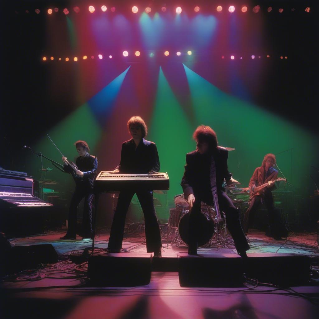 Alphaville performing live on stage during the 1980s, surrounded by synthesizers and illuminated by colorful stage lights