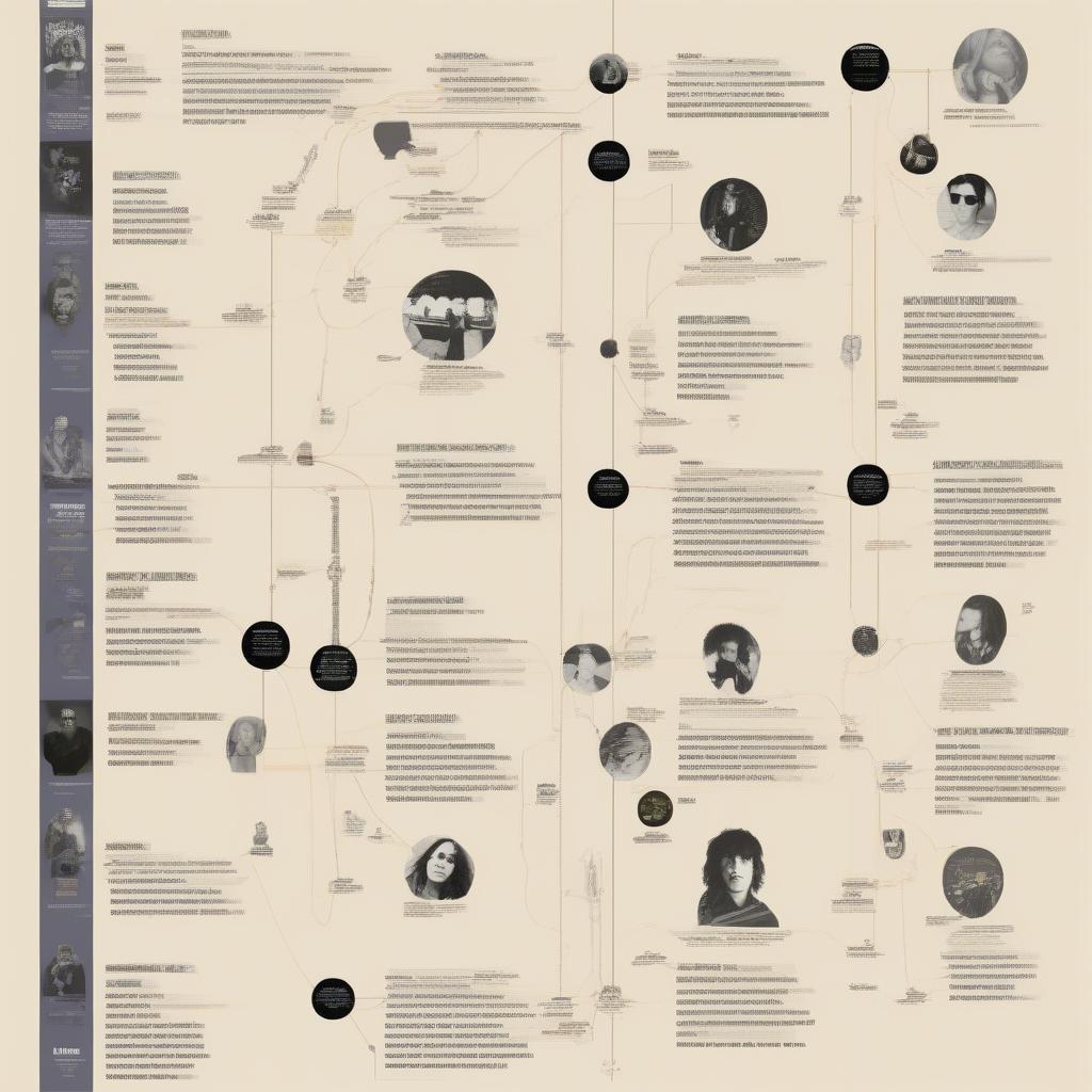 The Influence of 1983 Alternative Music: A visual representation of the impact of 1983 alternative music on later genres like grunge, indie rock, and alternative pop, shown through a timeline and interconnected images representing each genre.