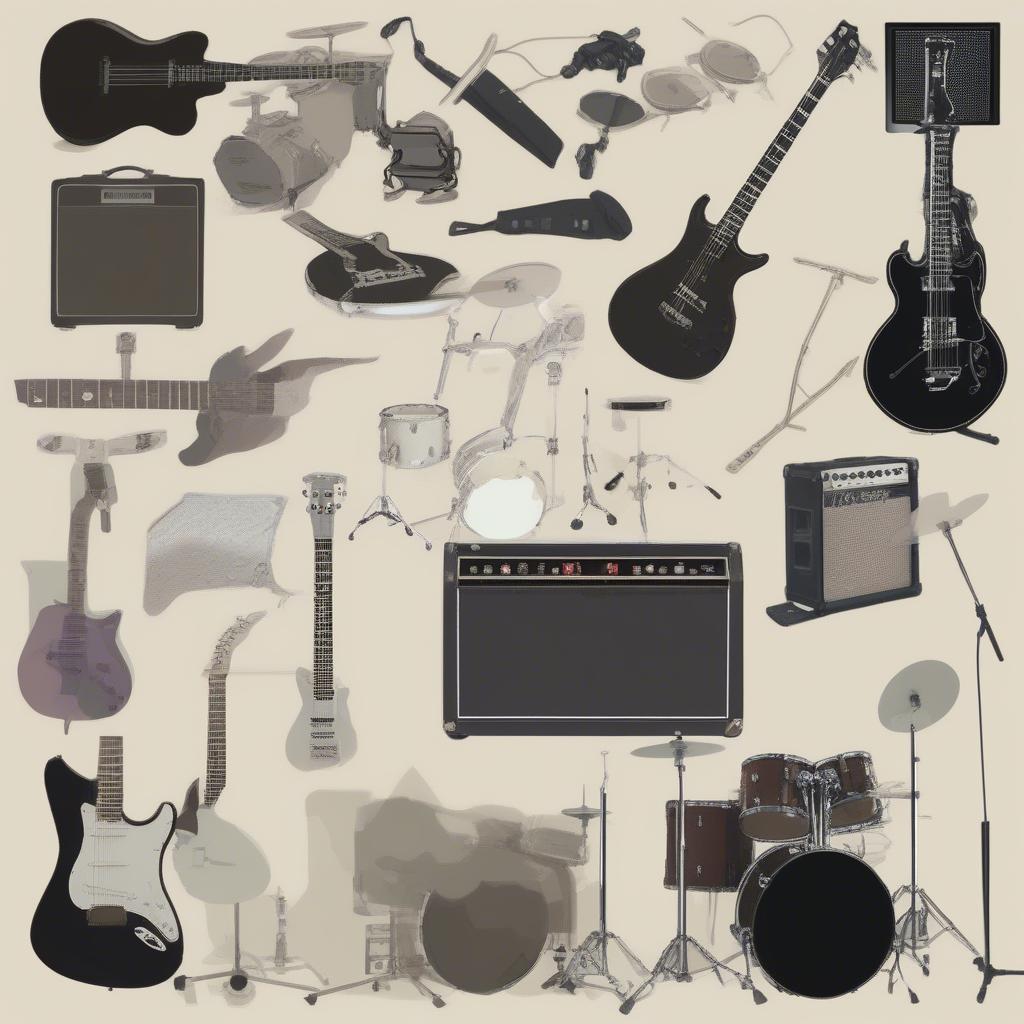 Alternative Rock Instruments: A display of guitars, bass, drums, and occasionally keyboards or other unique instruments.