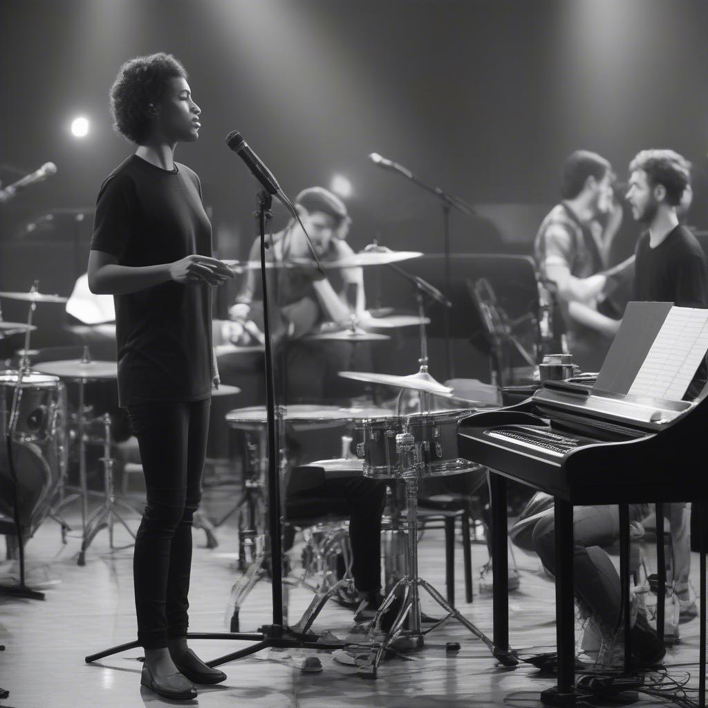 American Idol Top 12 Rehearsals: An image showing a contestant rehearsing with a band, emphasizing the preparation and hard work that goes into each performance.