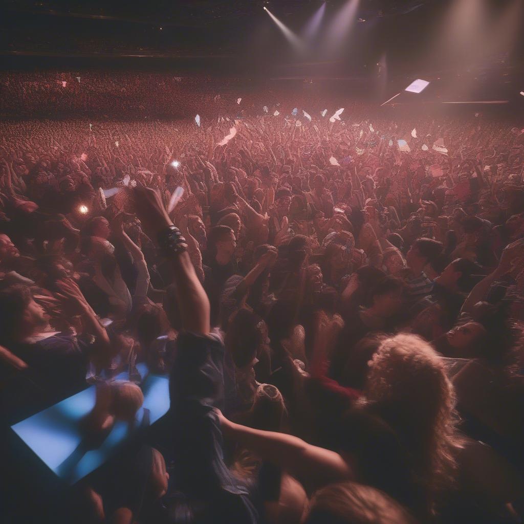 A large and enthusiastic audience cheering and waving flags during the America's Top Song Contest. 