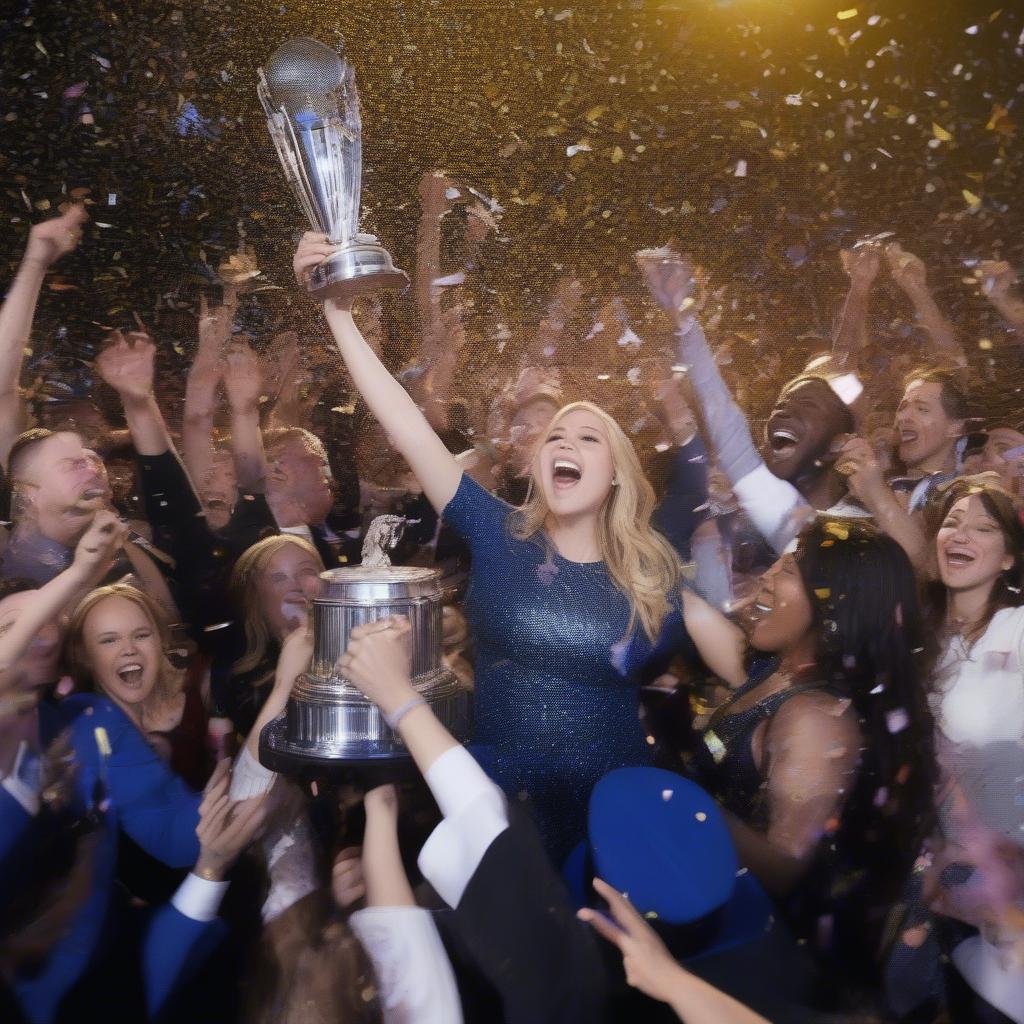 The winner of America's Top Song Contest holding a trophy and celebrating with confetti falling around them.