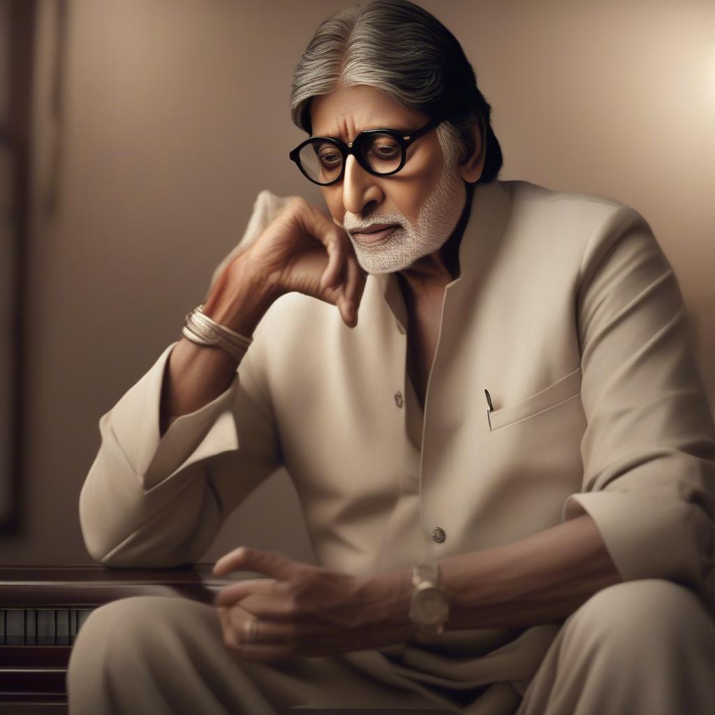 Amitabh Bachchan in a poignant scene from a movie, singing a melancholic song with a look of deep emotion on his face.