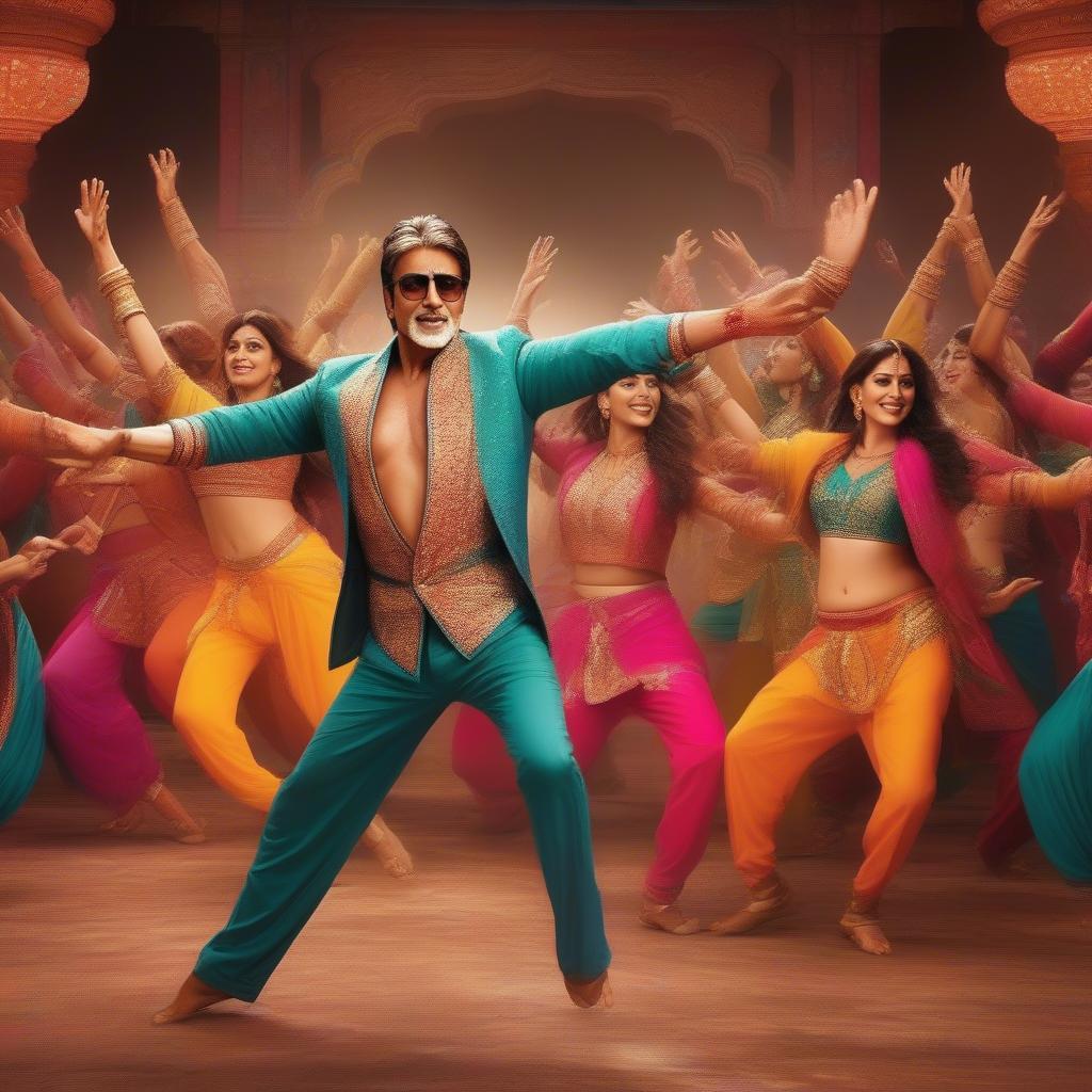 Amitabh Bachchan dancing in his iconic white suit from "My Name is Anthony Gonsalves," surrounded by dancers in vibrant costumes.