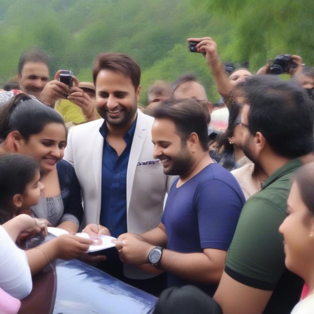 Amrinder Gill interacting with fans, smiling and signing autographs, showing his appreciation for their support.