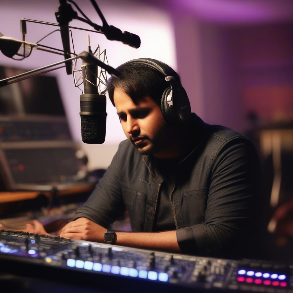 Amrinder Gill in a recording studio, focused on creating music with headphones on and surrounded by musical equipment.