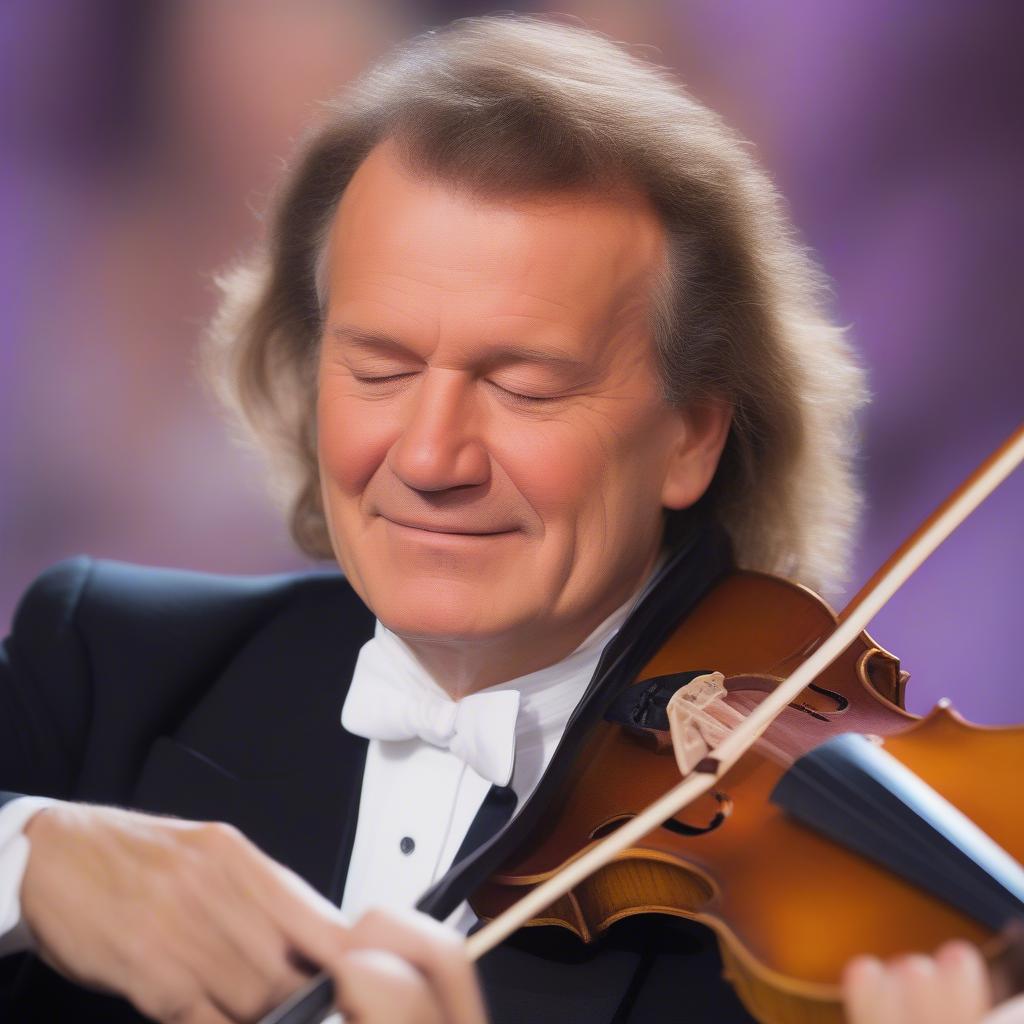 Close-up shot of Andre Rieu passionately playing his Stradivarius violin.