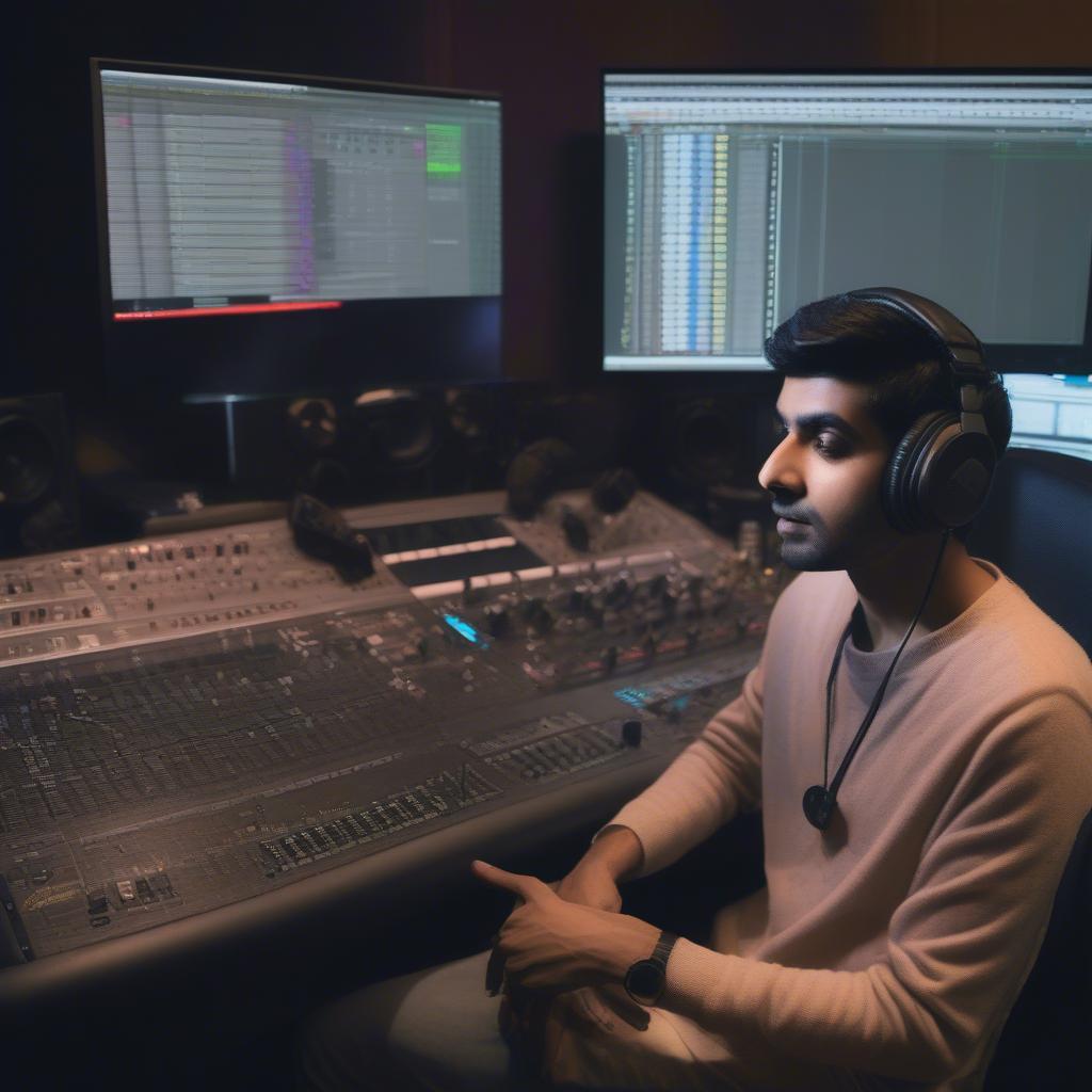 Anirudh Ravichander working in a recording studio.