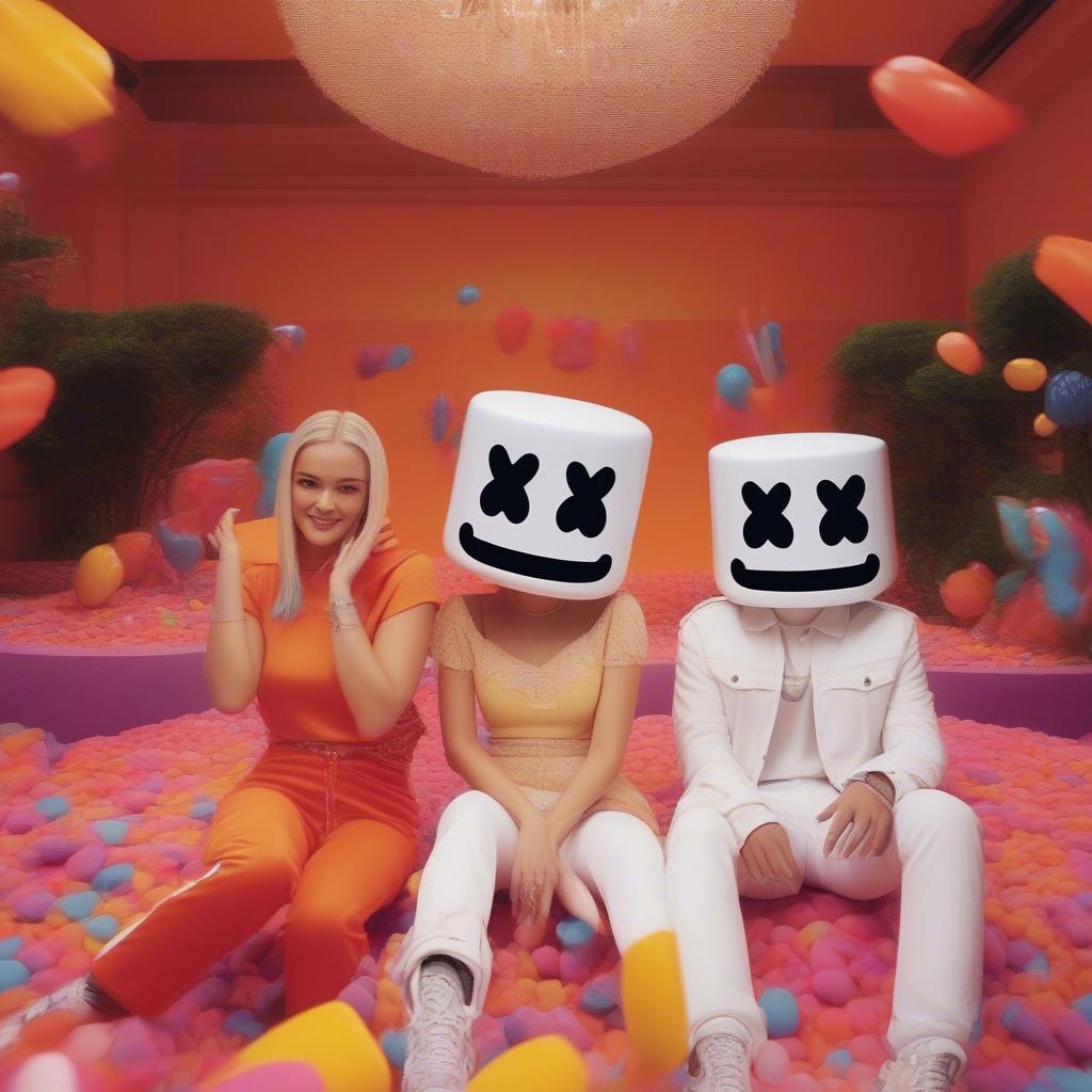 Anne-Marie and Marshmello in the official music video for "FRIENDS," featuring a vibrant and playful setting.