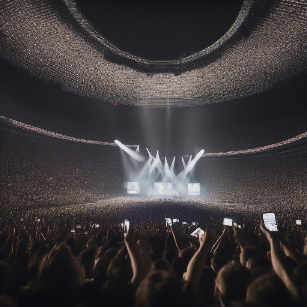 Crowd of fans cheering at an Arctic Monkeys concert