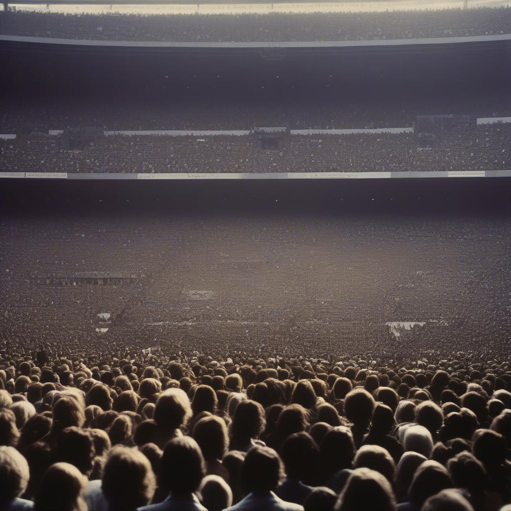 Arena Rock Concert in the Seventies: A packed stadium with fans cheering for a rock band.