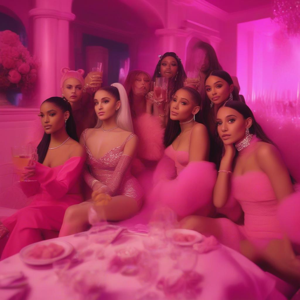 Still from the 7 Rings music video featuring Ariana Grande and her friends.