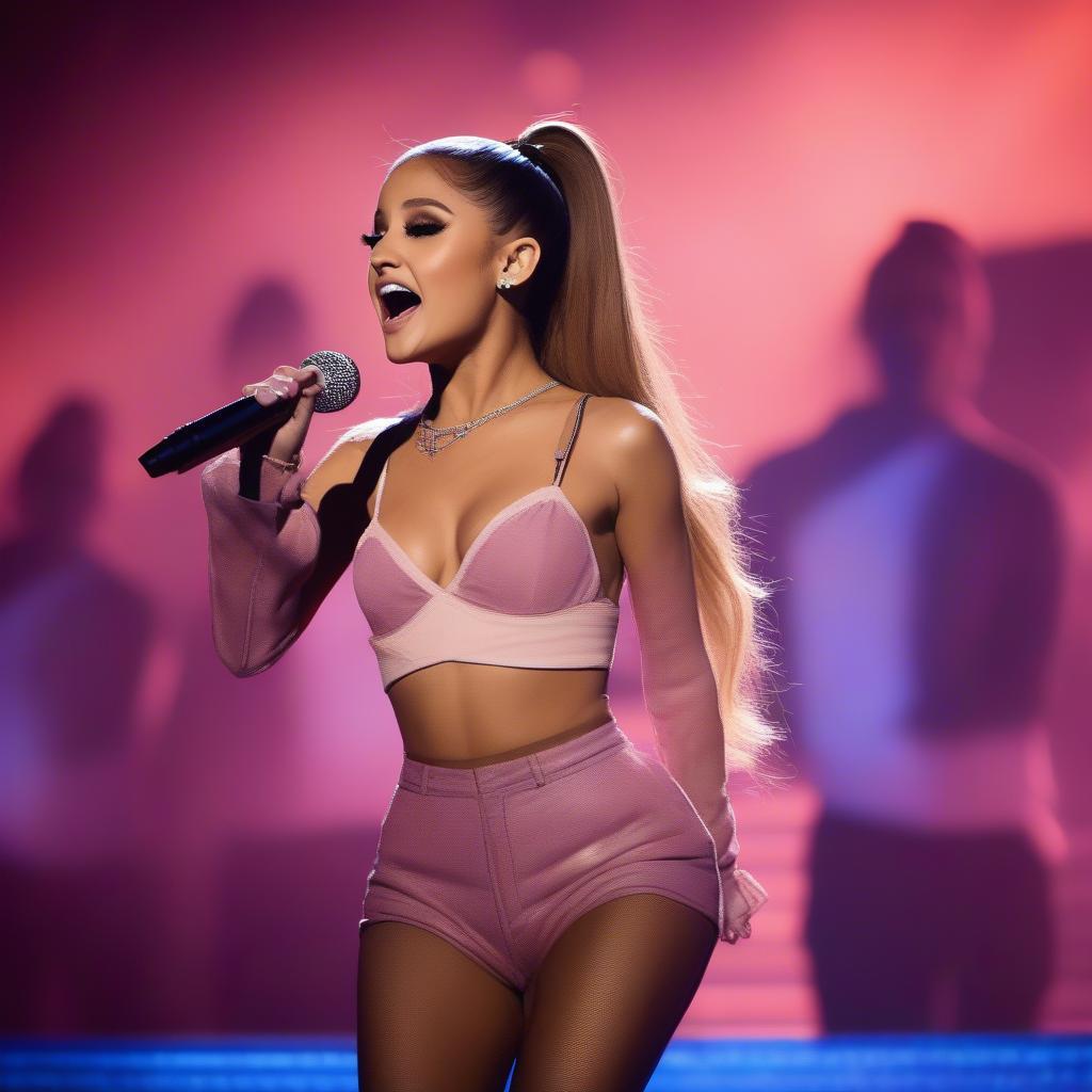 Ariana Grande performing live on a large stage with elaborate lighting.