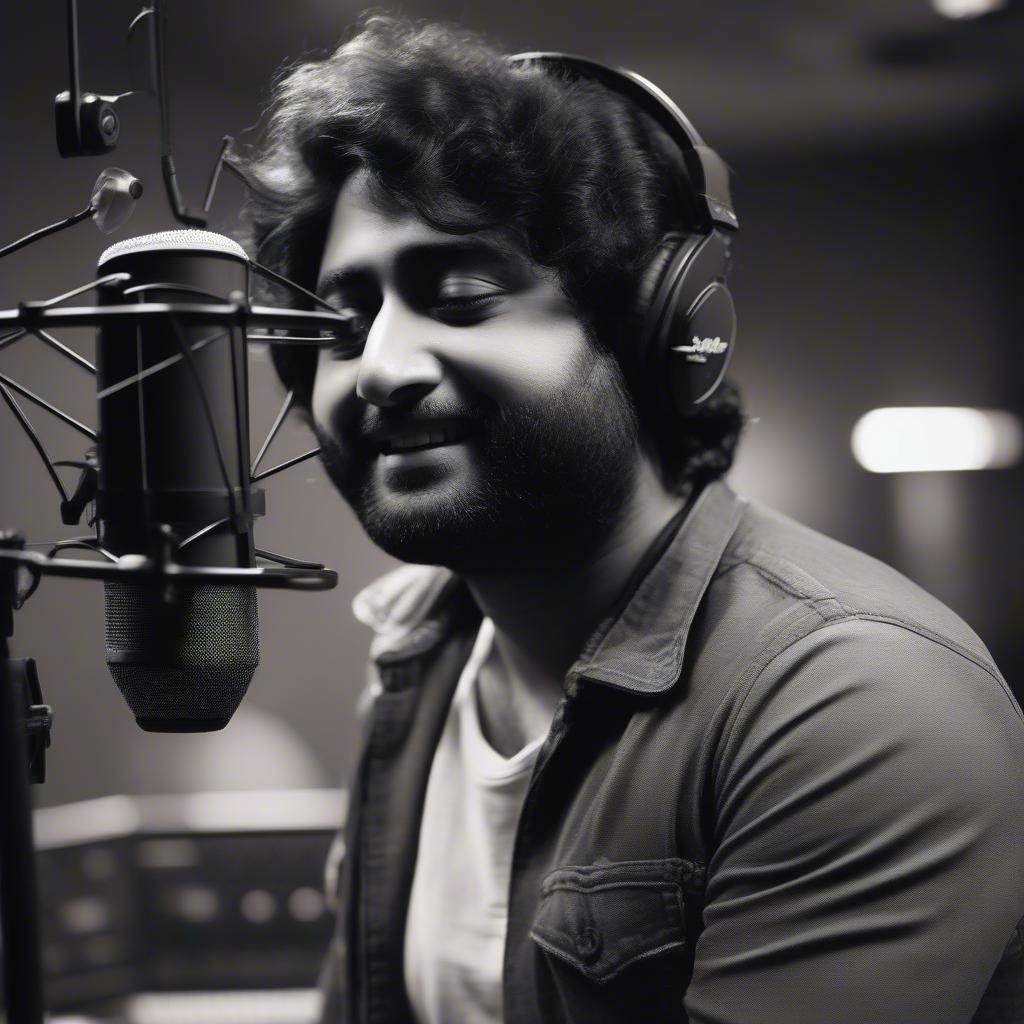 Close-up of Arijit Singh's face with a thoughtful expression, a microphone in front of him, recording studio background.