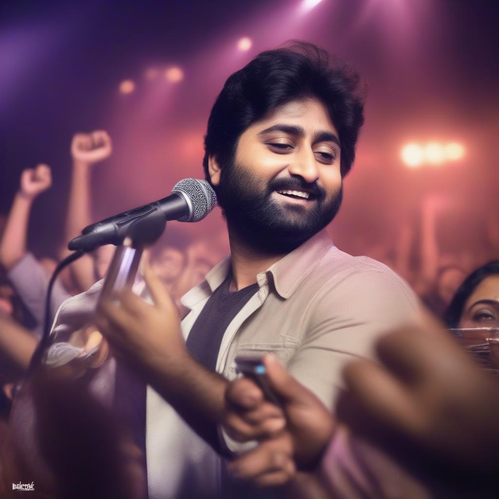 A large crowd of fans cheering and holding up their phones at an Arijit Singh concert, demonstrating the immense popularity of the artist.