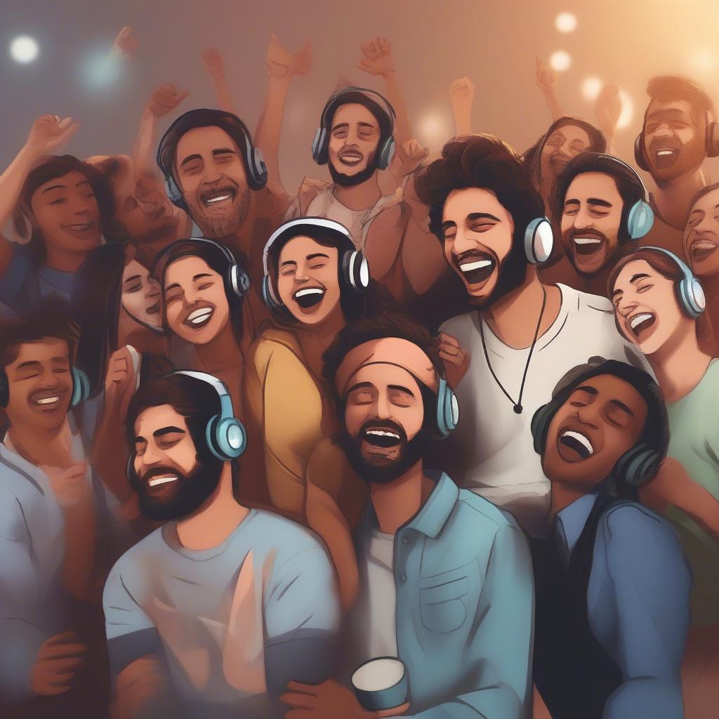 A group of friends listening to an Arijit Singh mashup on their headphones, smiling and singing along, clearly enjoying the music.  They are in a casual setting, possibly at home or in a park.