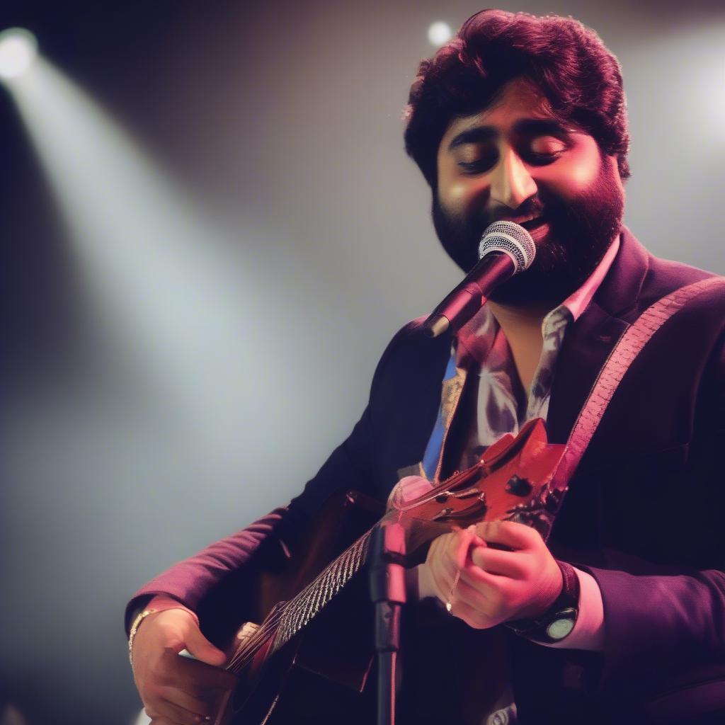 Arijit Singh performing live on stage, engaging with his audience.