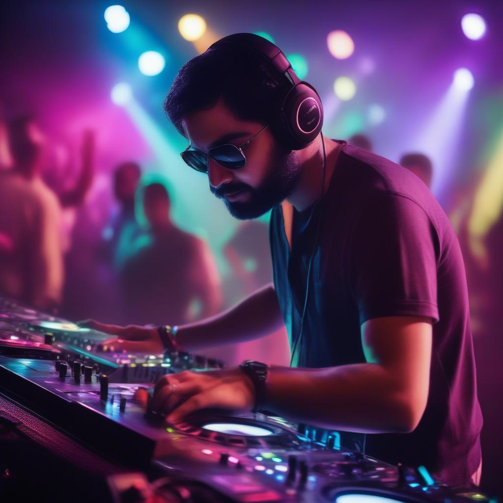 A DJ wearing headphones, skillfully mixing Arijit Singh songs on a mixing console, creating a dynamic and engaging mashup. The background features flashing lights and a lively crowd dancing to the music.