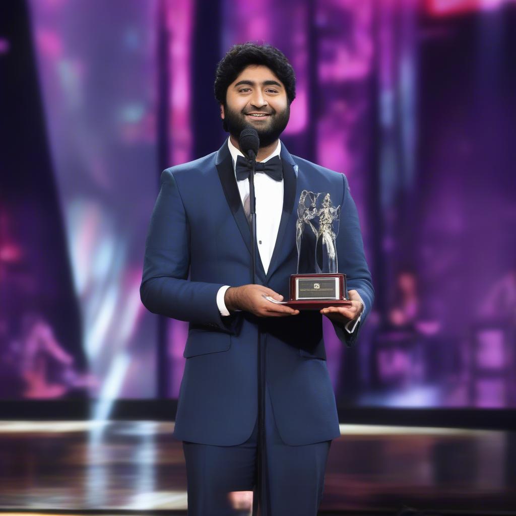 Arijit Singh receiving a music award on stage.