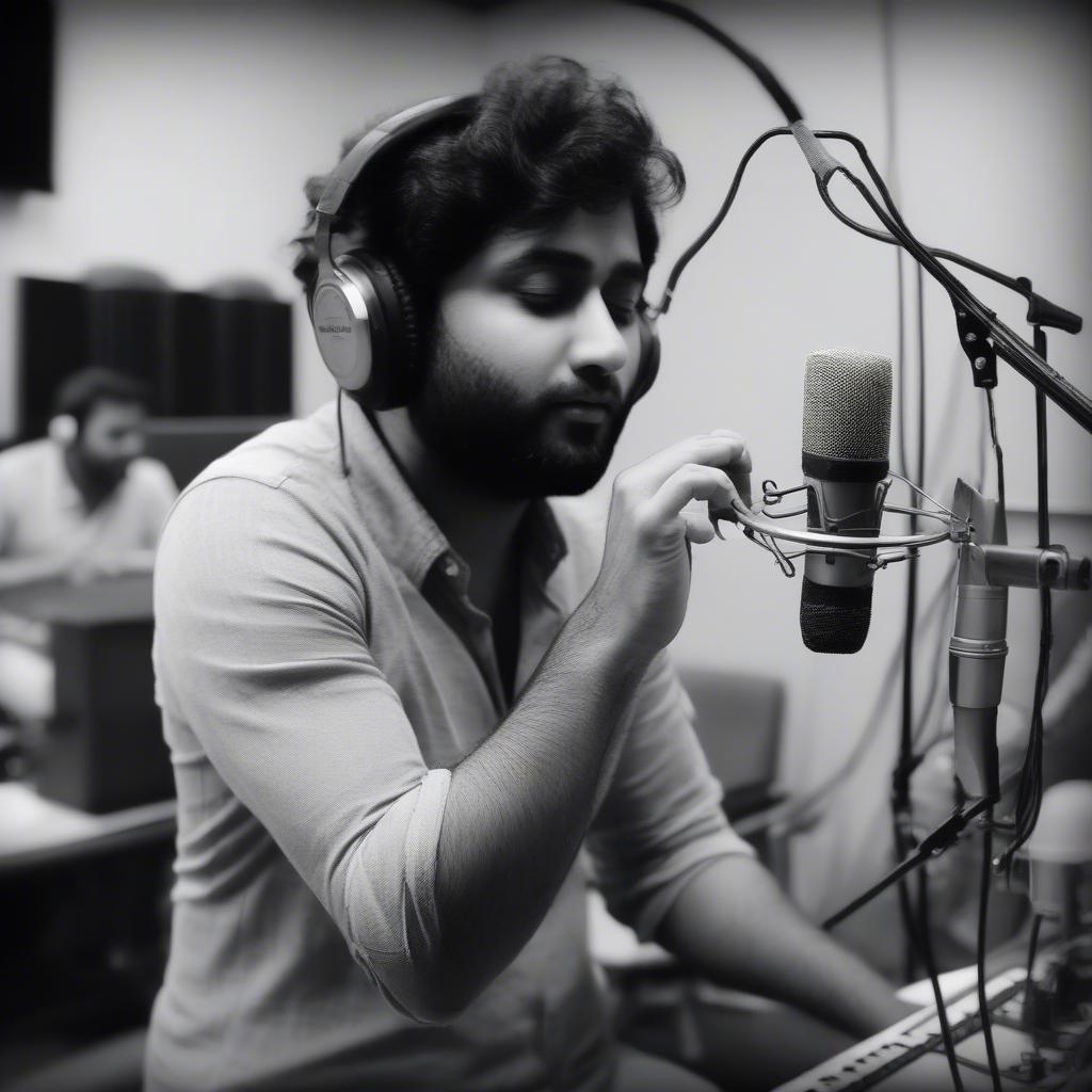 Arijit Singh in a recording studio, focused and immersed in the music.