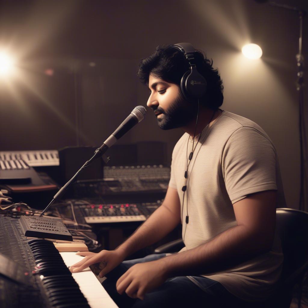 Arijit Singh in a recording studio, immersed in the process of creating music.