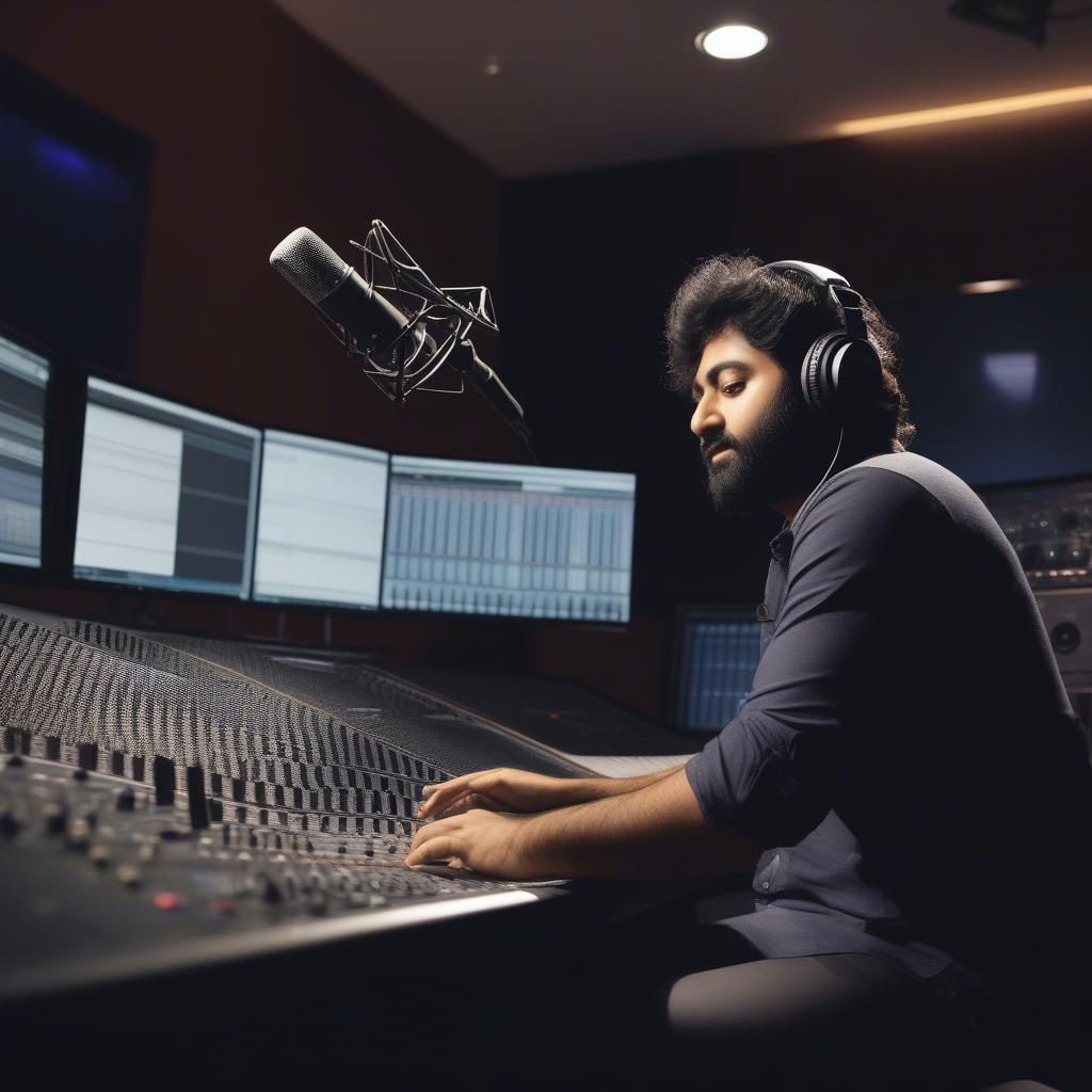 Arijit Singh meticulously recording a song in a professional recording studio.