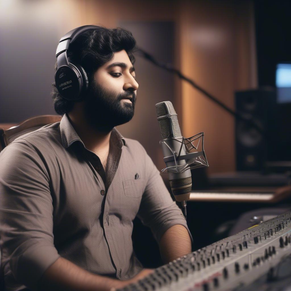 Arijit Singh in a recording studio, wearing headphones and singing into a microphone, focused on creating beautiful music.