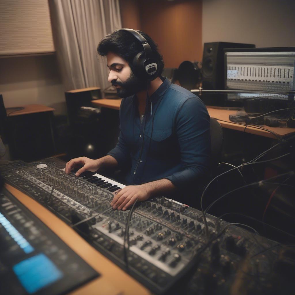 Arjit Singh focused in a recording studio with headphones, surrounded by music equipment