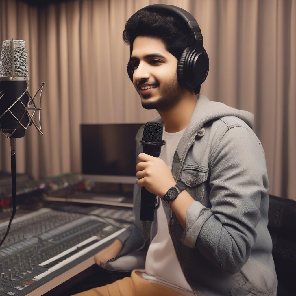 Armaan Malik recording vocals in a professional music studio