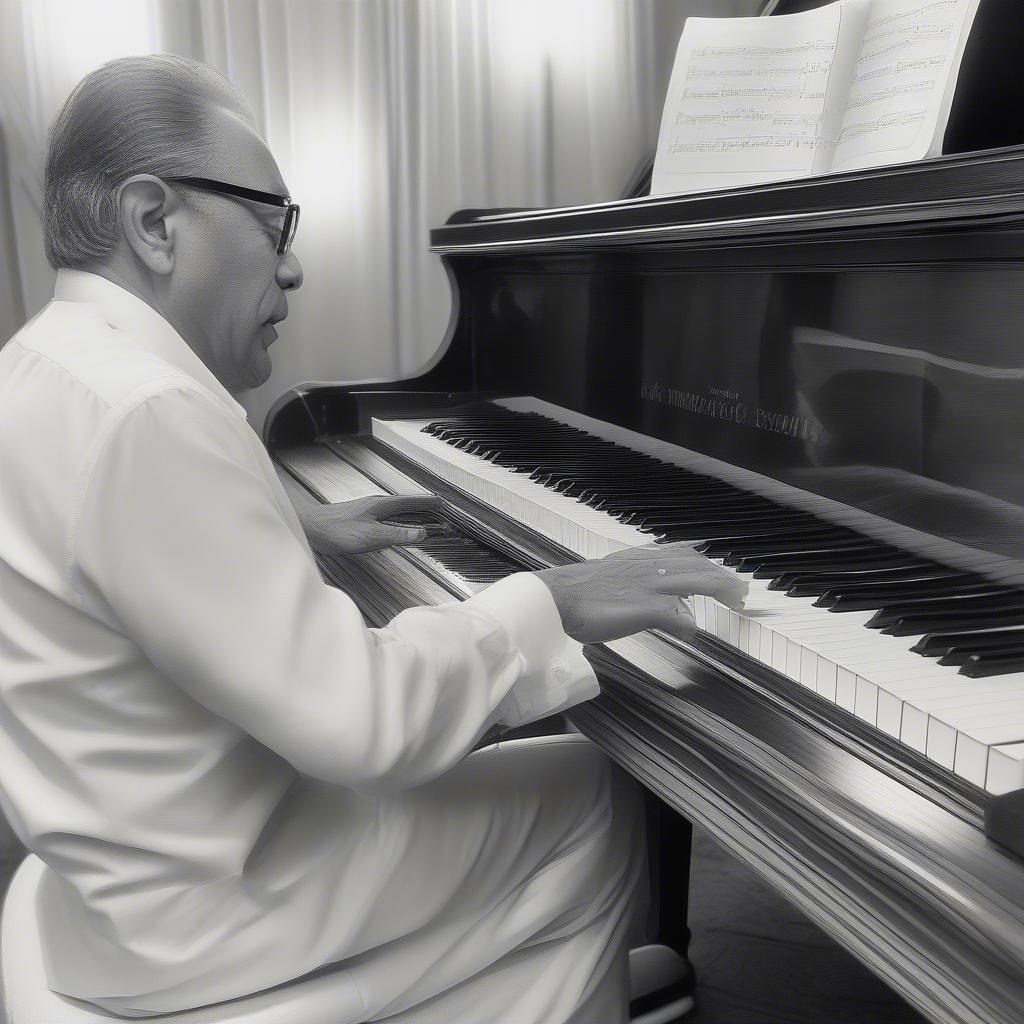 Armando Manzanero composing music on a grand piano