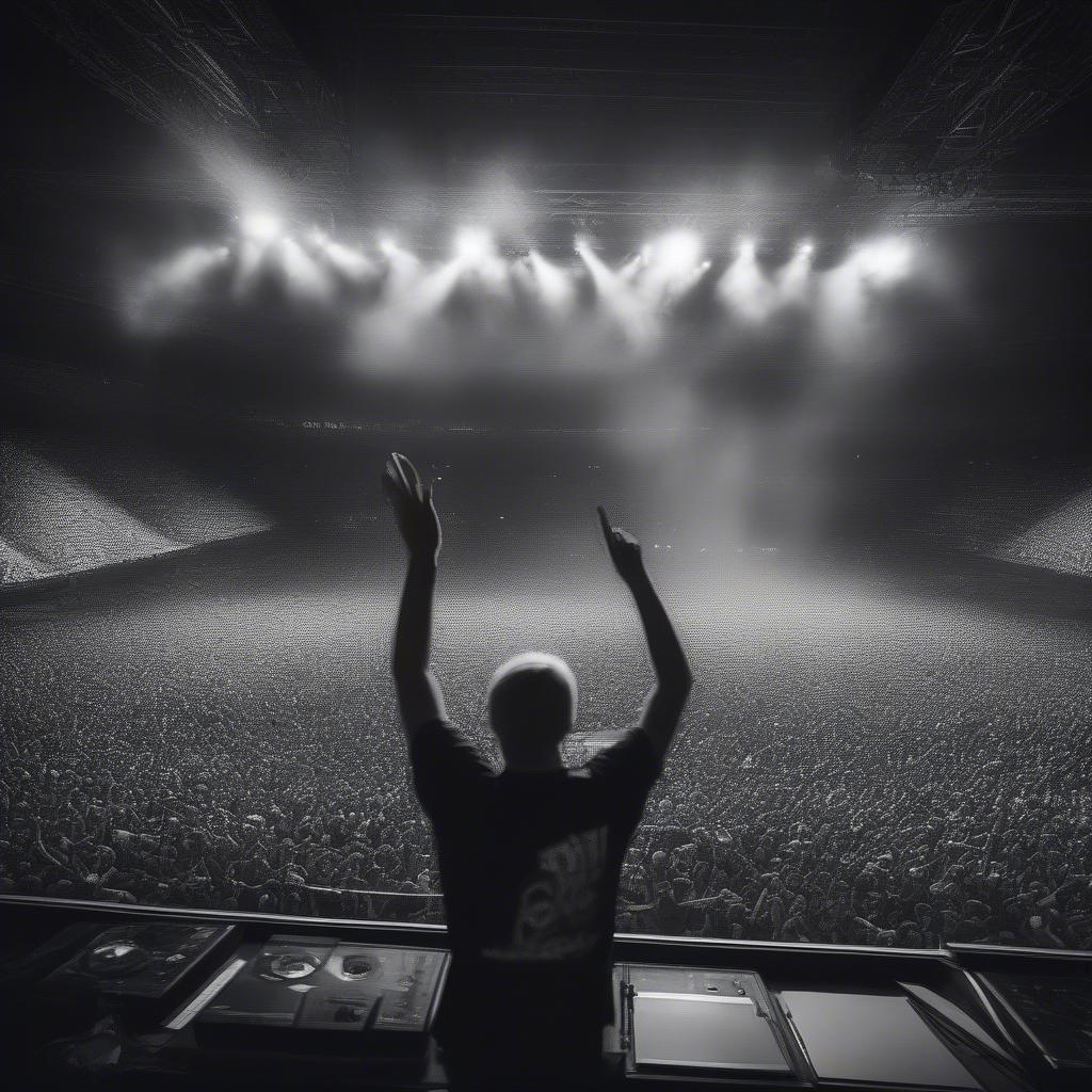 A large crowd of fans at an Armin van Buuren concert, with hands raised in the air and lights illuminating the scene.