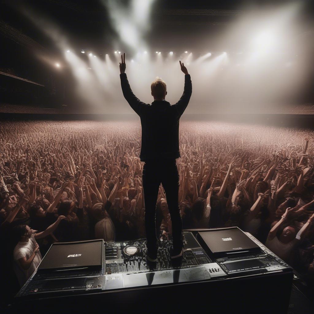 Armin van Buuren captivating the crowd during a live performance in 2014