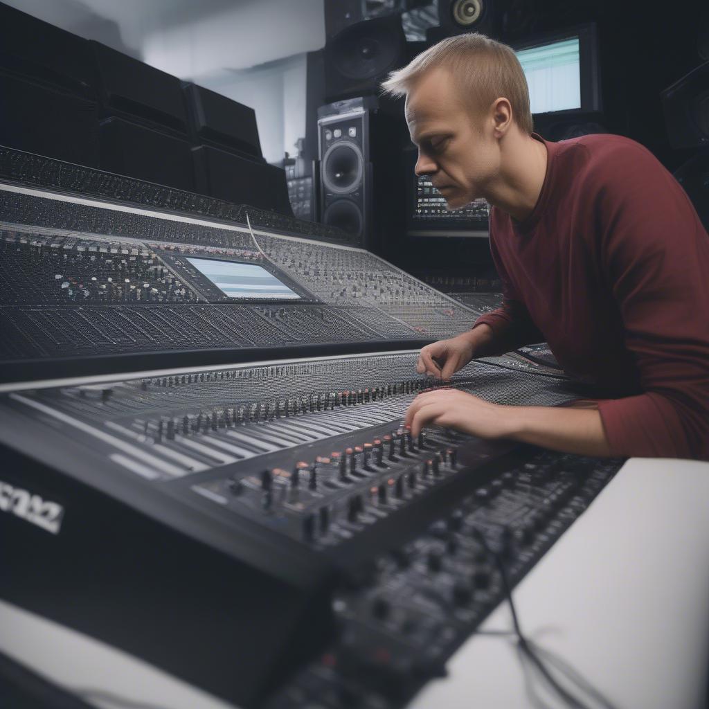 Armin van Buuren working in his studio, surrounded by synthesizers, mixers, and other music production equipment.