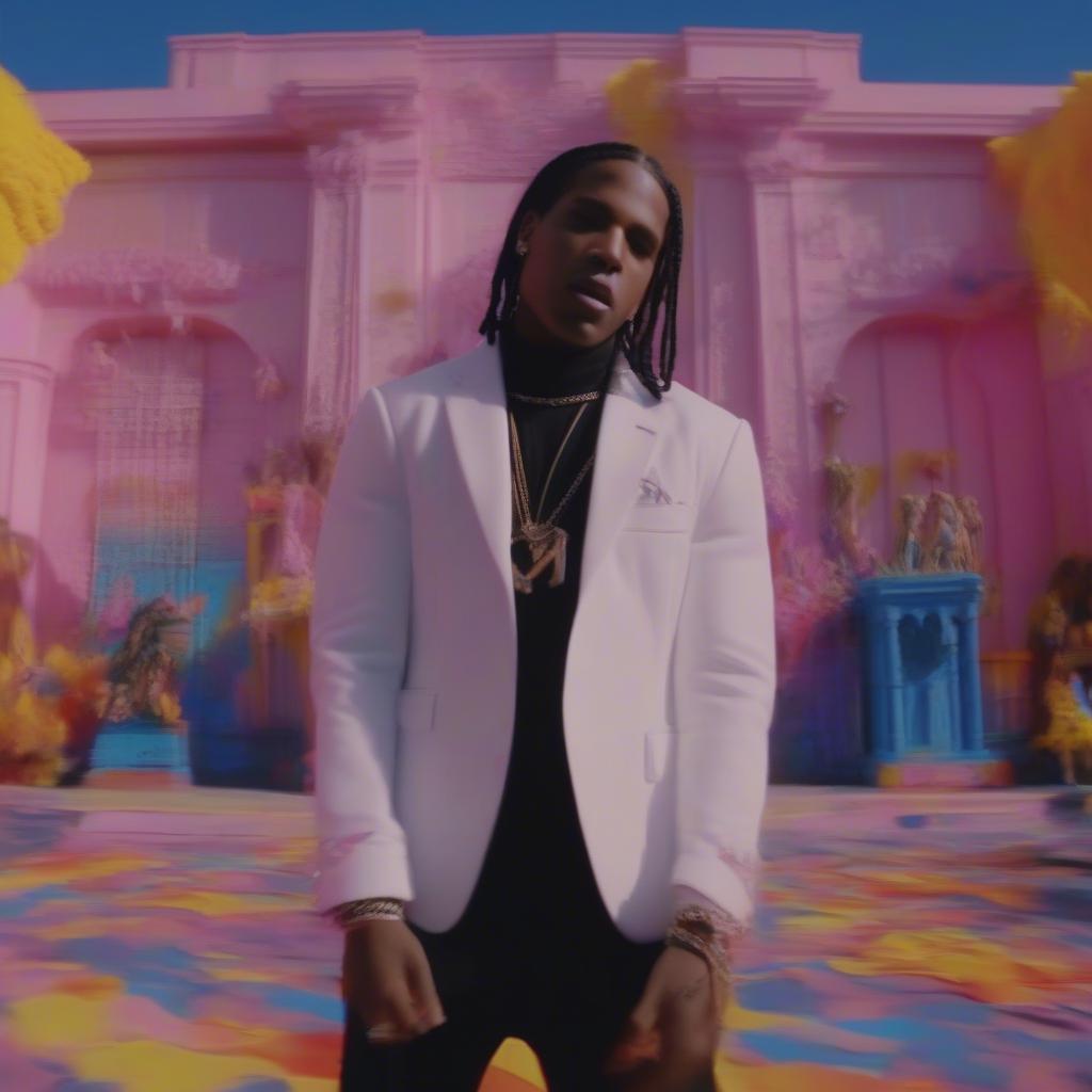 ASAP Rocky in a music video, surrounded by a visually striking backdrop