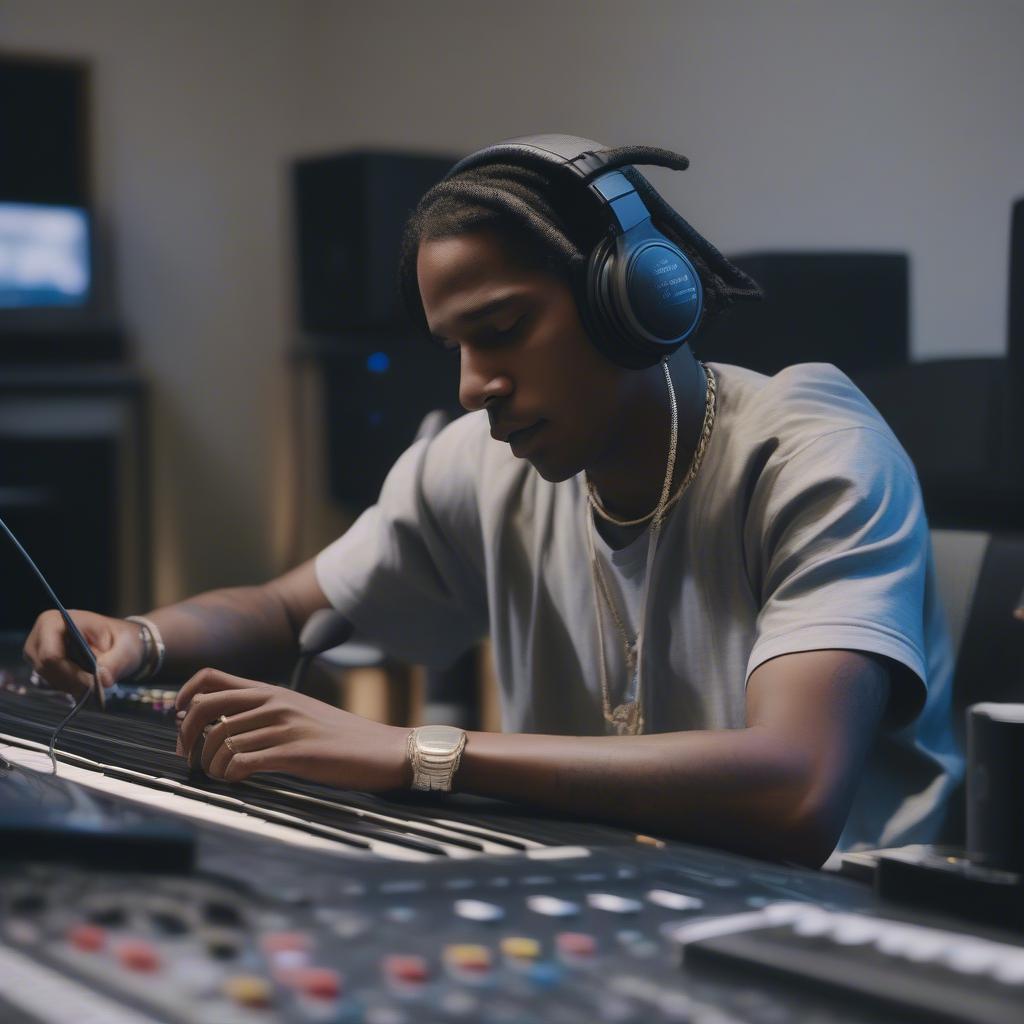 ASAP Rocky in a studio session, working on music with headphones on