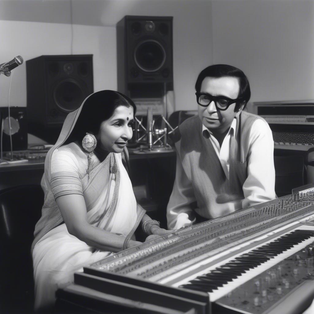 Asha Bhosle and R.D. Burman in a recording studio, working together on a new song.