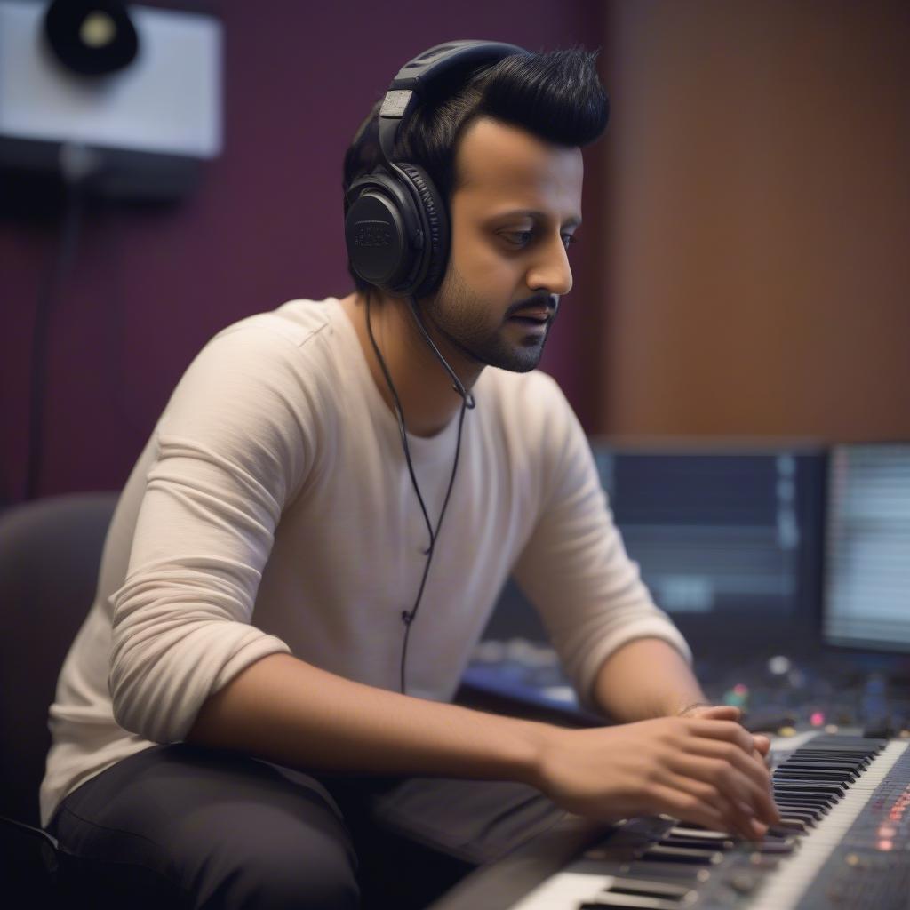 Atif Aslam working in a recording studio