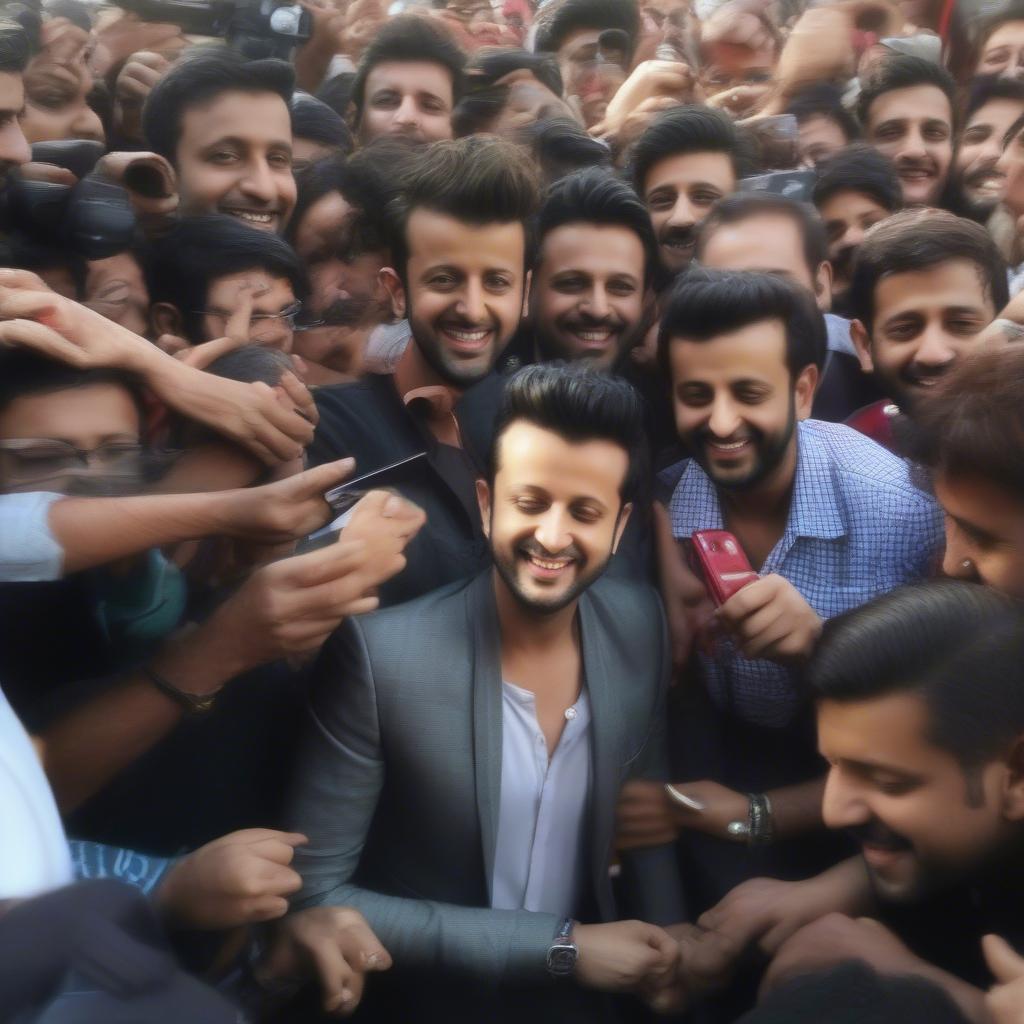 Atif Aslam warmly interacts with fans after a concert, signing autographs and taking pictures.