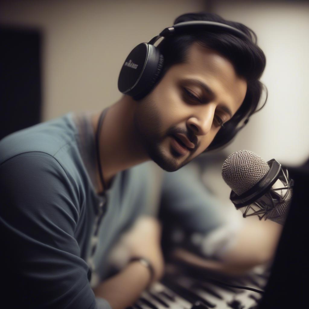 Atif Aslam in a recording studio, wearing headphones and singing into a microphone, focused on creating his music.