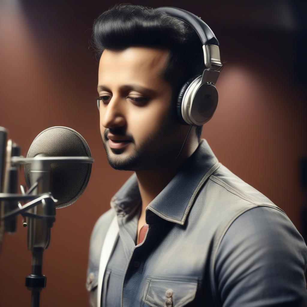 Atif Aslam in a recording studio, focused on delivering a flawless vocal performance.