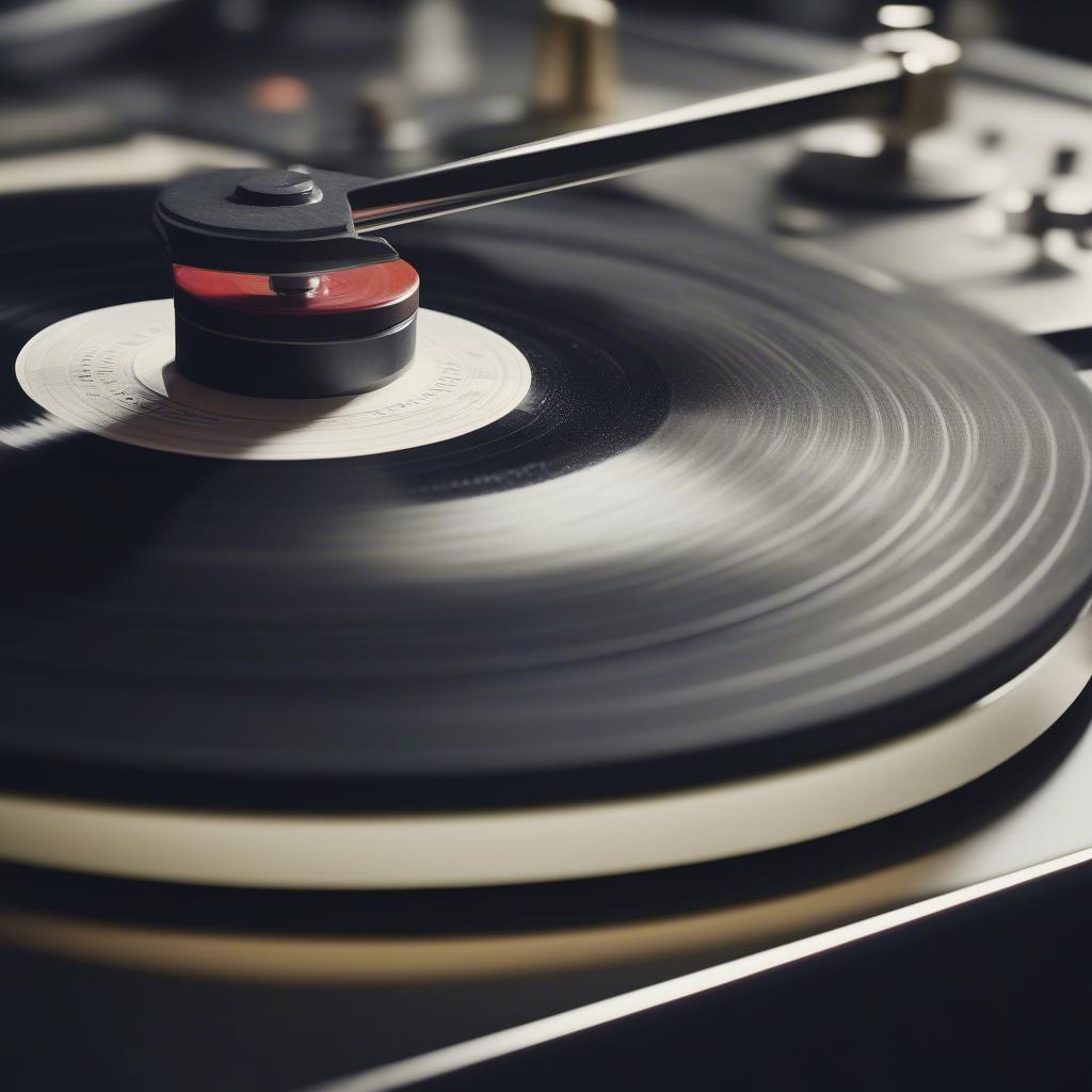 A vinyl record spinning on a turntable, with the focus on the record's grooves.