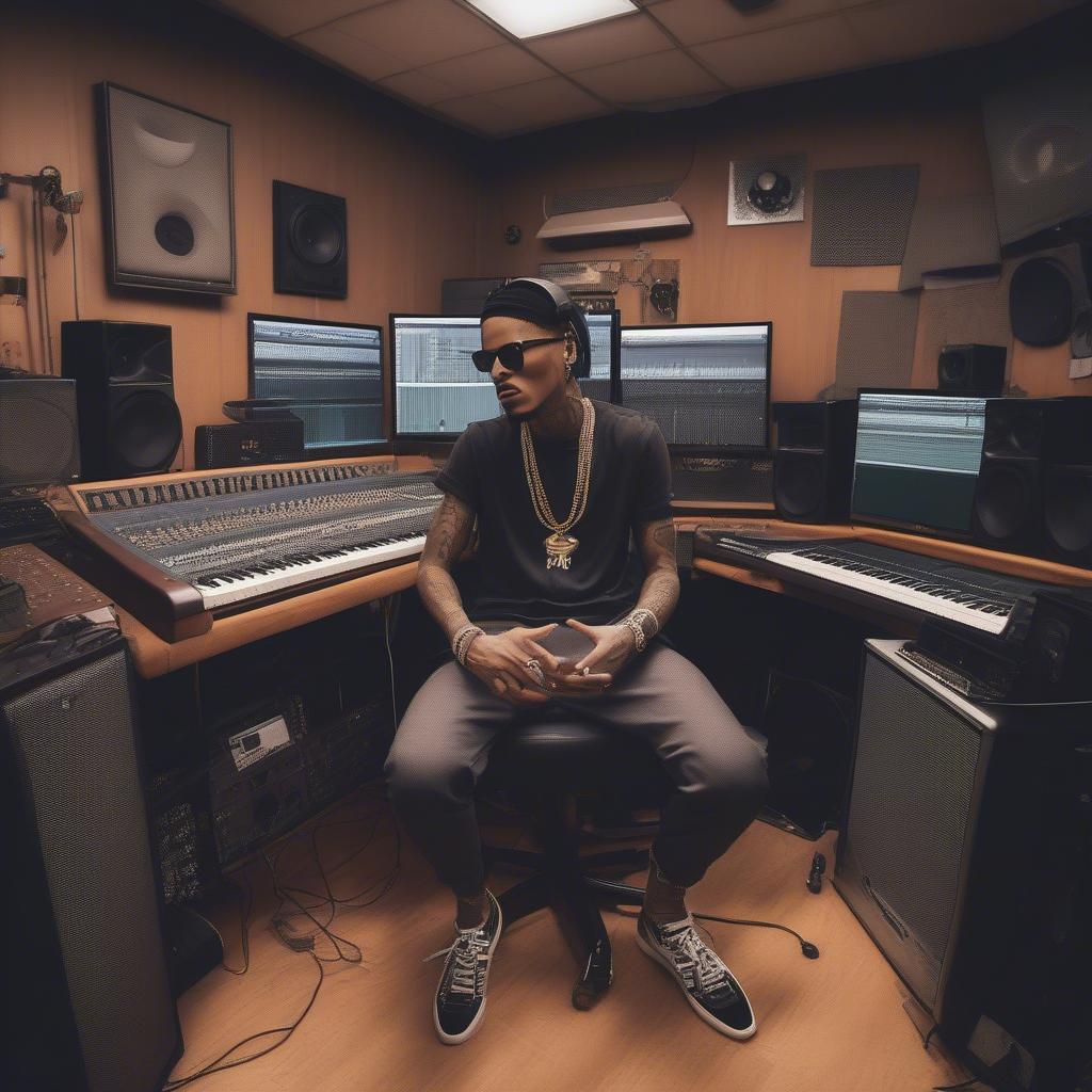 August Alsina in a recording studio, working on music, surrounded by instruments and recording equipment.