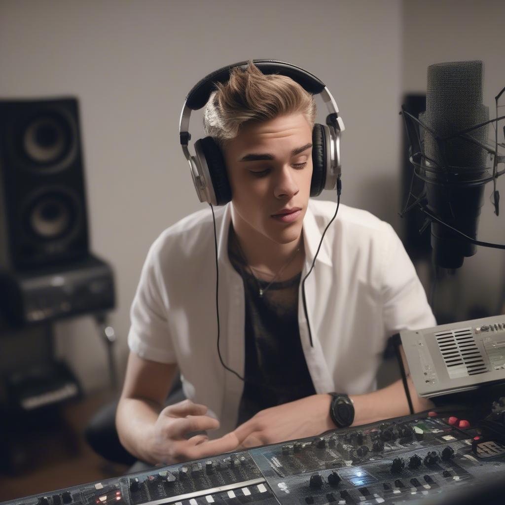 Austin Moon in a recording studio, focused and working on new music.