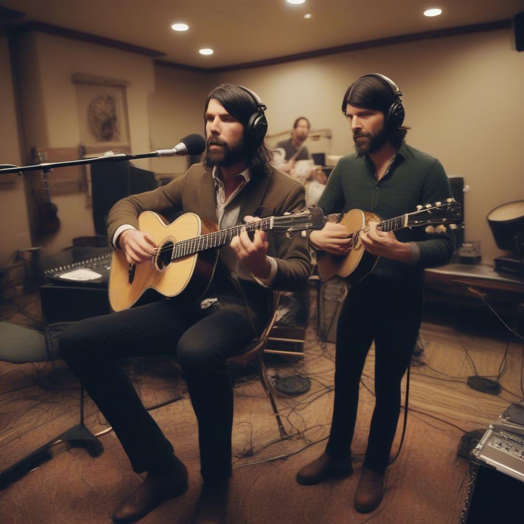 The Avett Brothers recording in the studio