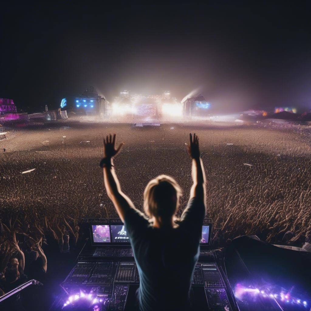 Avicii playing to a massive crowd at an EDM festival