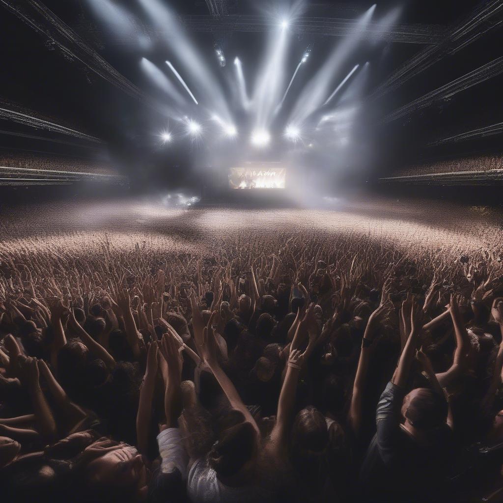 A crowd of people at an Avicii concert with their hands in the air