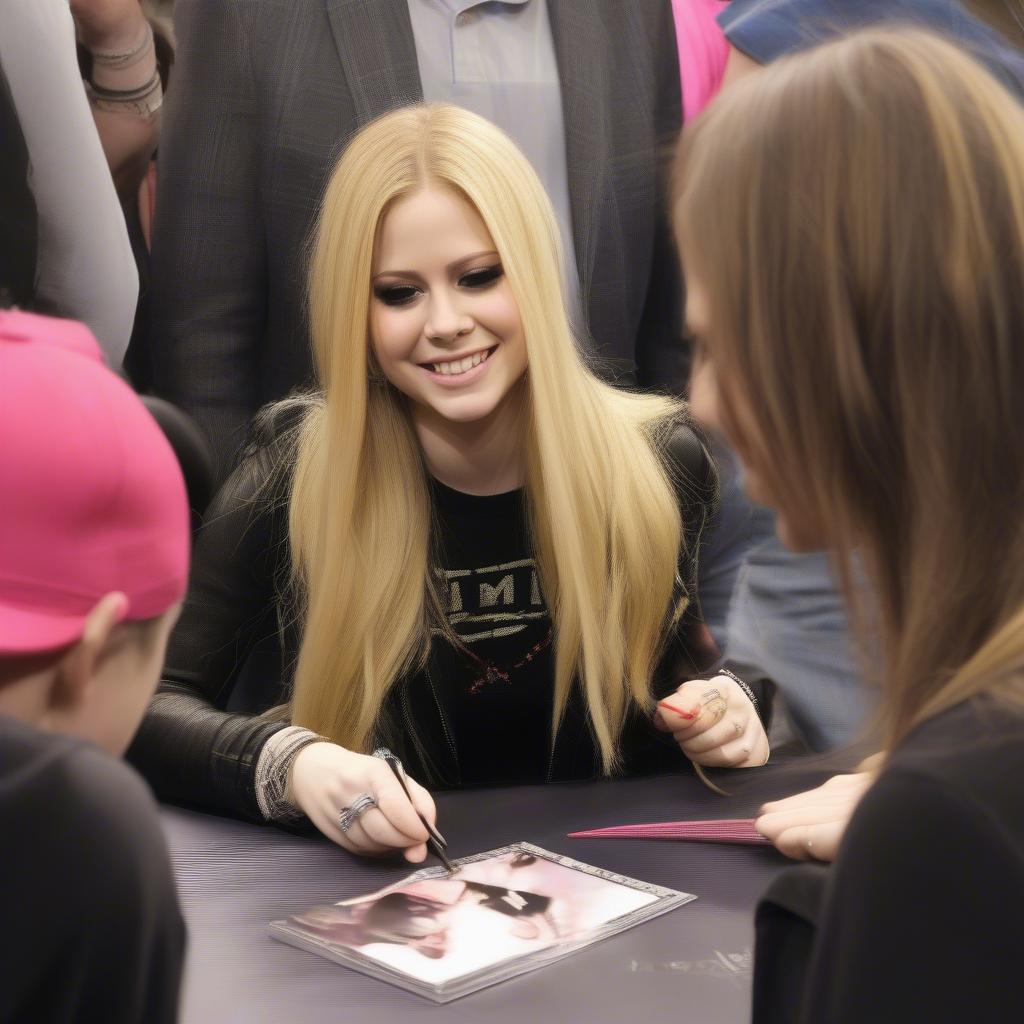 Avril Lavigne meeting fans at an autograph session, connecting with her fanbase.