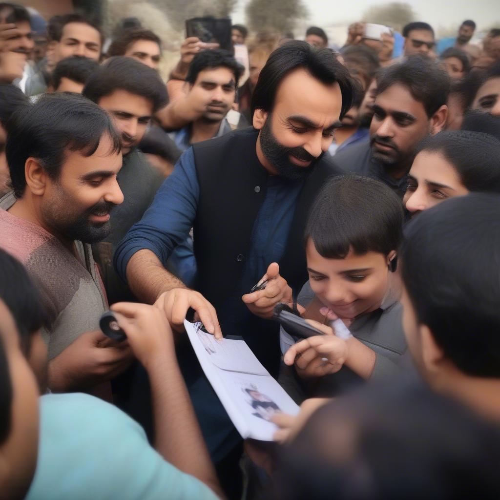 Babbu Maan interacting with fans, signing autographs and taking pictures.